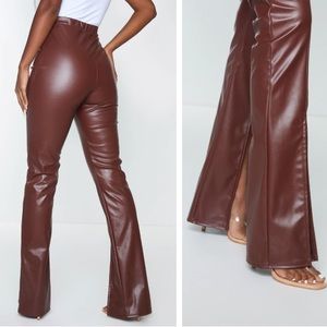 Chocolate Faux Leather Seam Detail Split Hem Pants